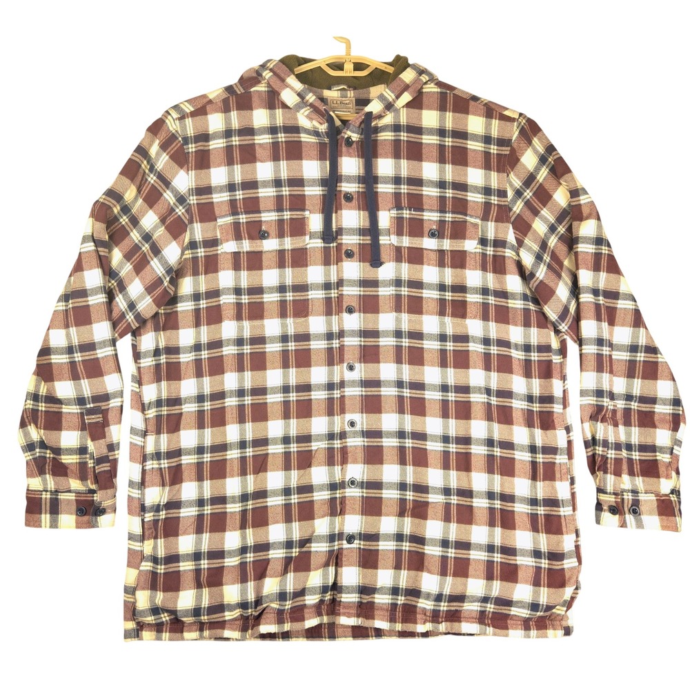 LL Bean Mens XXL Tall Plaid Fleece Lined Hooded Flannel Shirt Brown 505909‎
